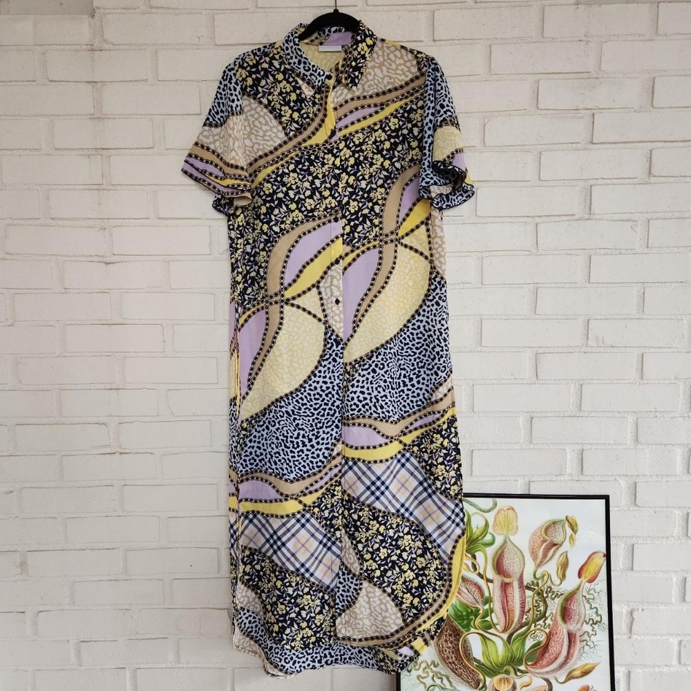 Chain floral print sheer duster cardigan dress